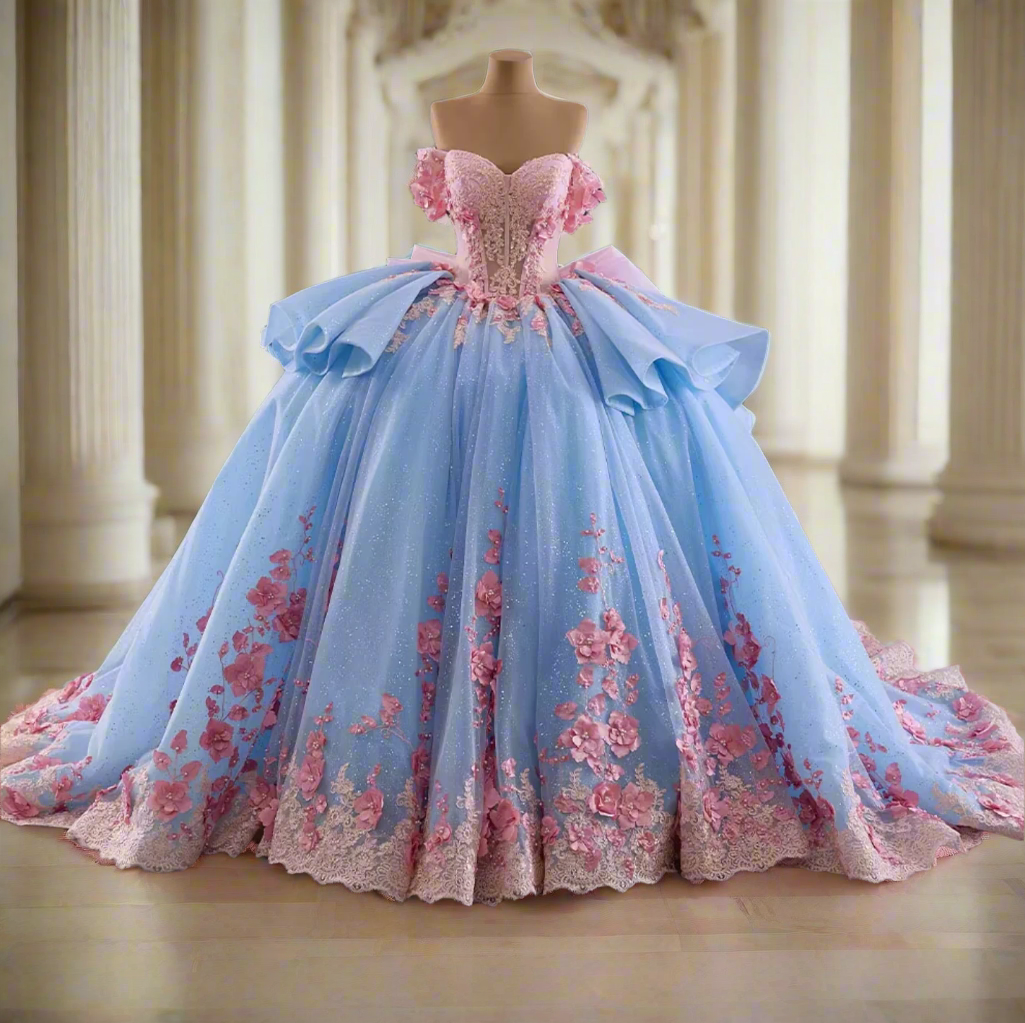 Quinceanera Dress Pink Blue Beaded Chiffon Ball Gown, Be the belle of the ball in this hot pink and blue quinceañera dress! The sparkling beaded bodice 