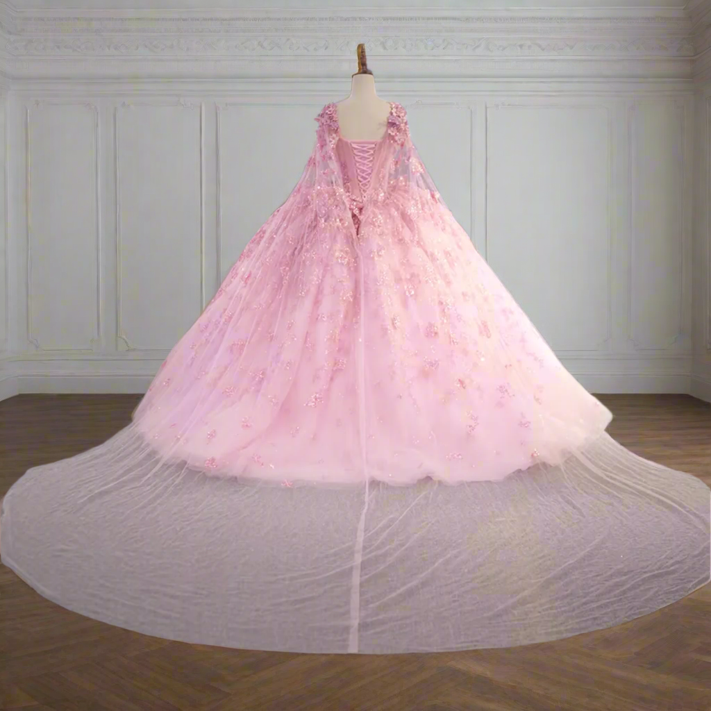 Quinceañera Dress Pink Tulle Beaded Ball Gown, Feel like royalty in our Pink Dress With Pink Cape Ball Gown Quinceañera. This electric classic princess party ball gown 