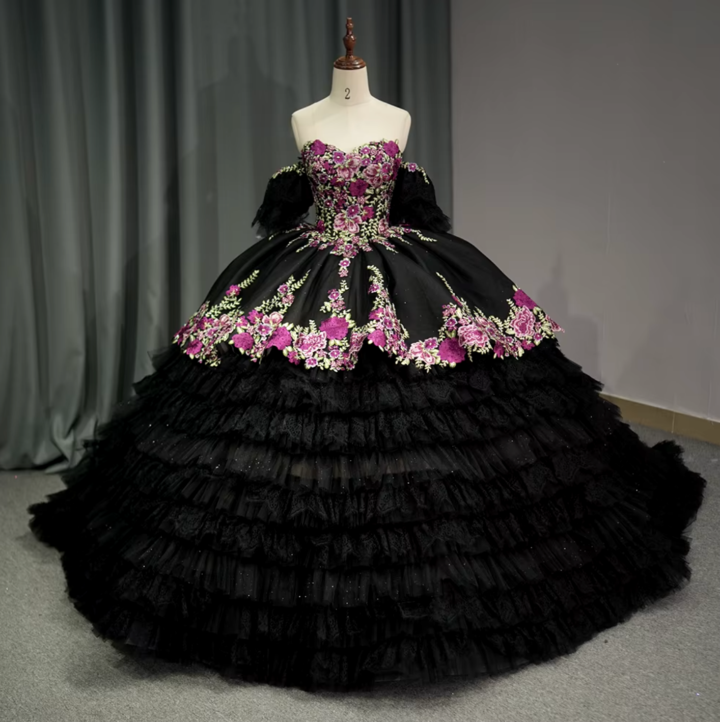 Quinceanera Dress Black Detachable Sleeve Ball Gown