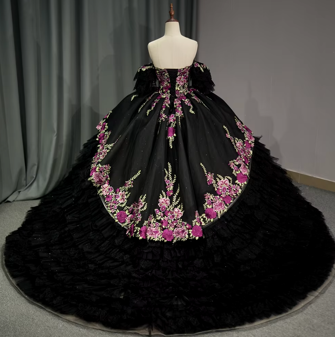 Quinceanera Dress Black Detachable Sleeve Ball Gown