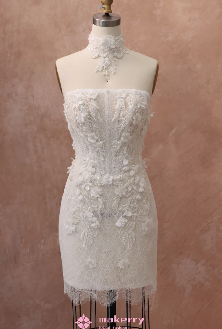 Wedding Dress 3D Floral Lace Beaded Mini A Line Gown
