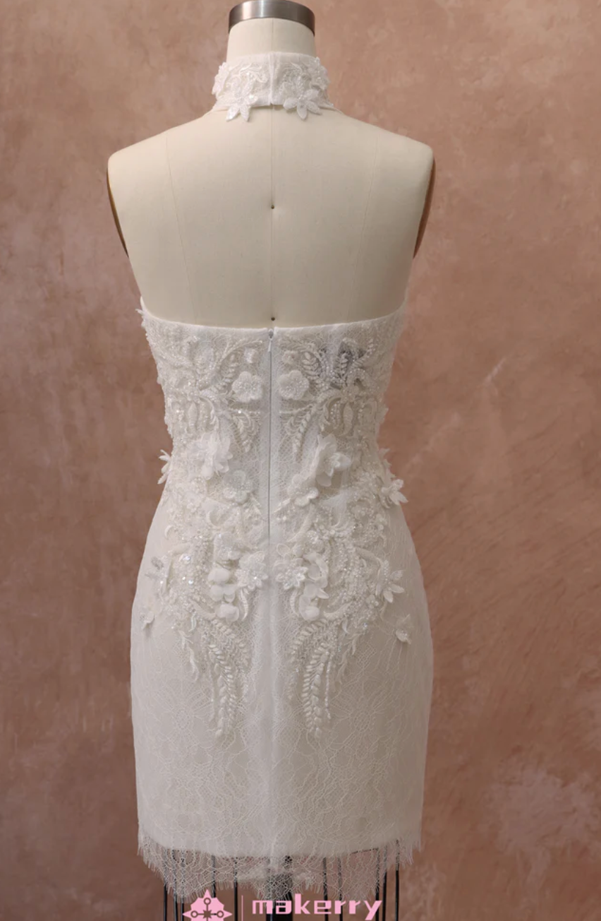 Wedding Dress 3D Floral Lace Beaded Mini A Line Gown