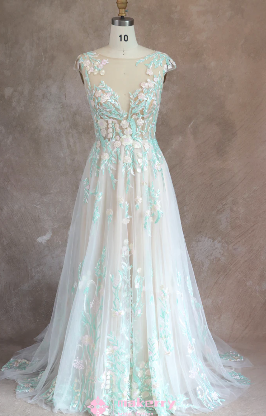 Wedding Dress Illusion Cap Sleeves Neckline Lace A Line Gown