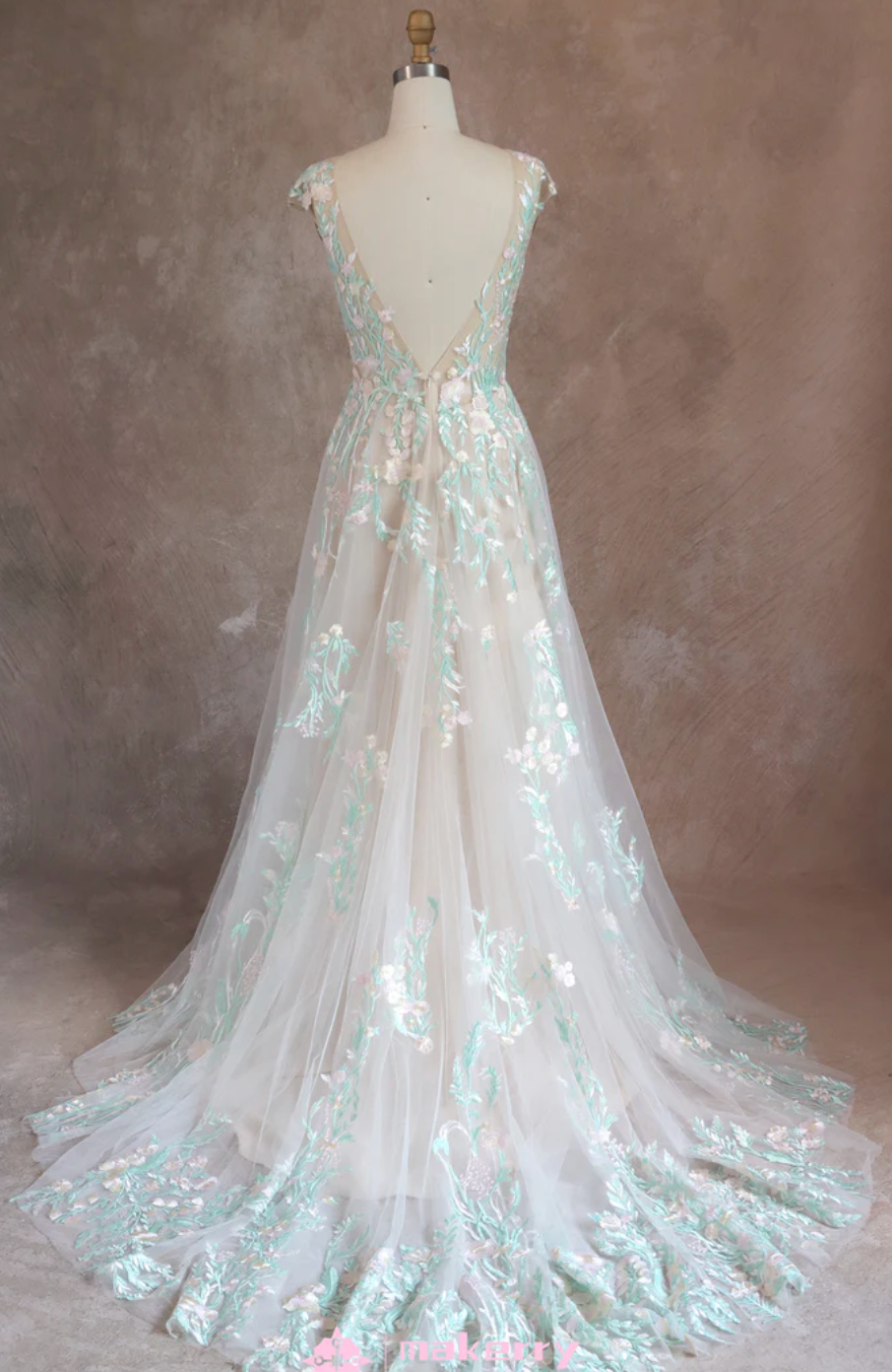 Wedding Dress Illusion Cap Sleeves Neckline Lace A Line Gown