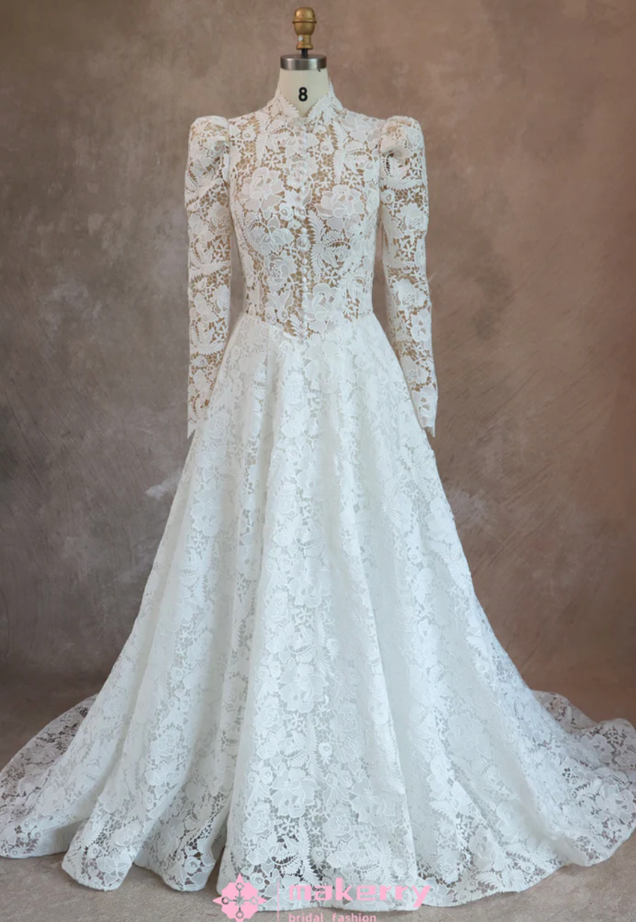 Wedding Dress Lace High Neck With Long Sleeves A Line Gown