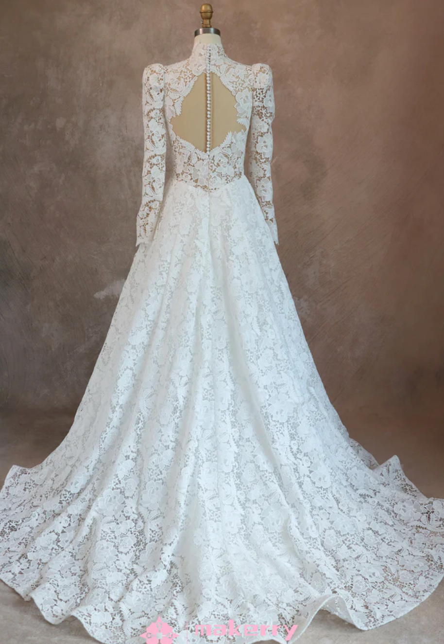 Wedding Dress Lace High Neck With Long Sleeves A Line Gown
