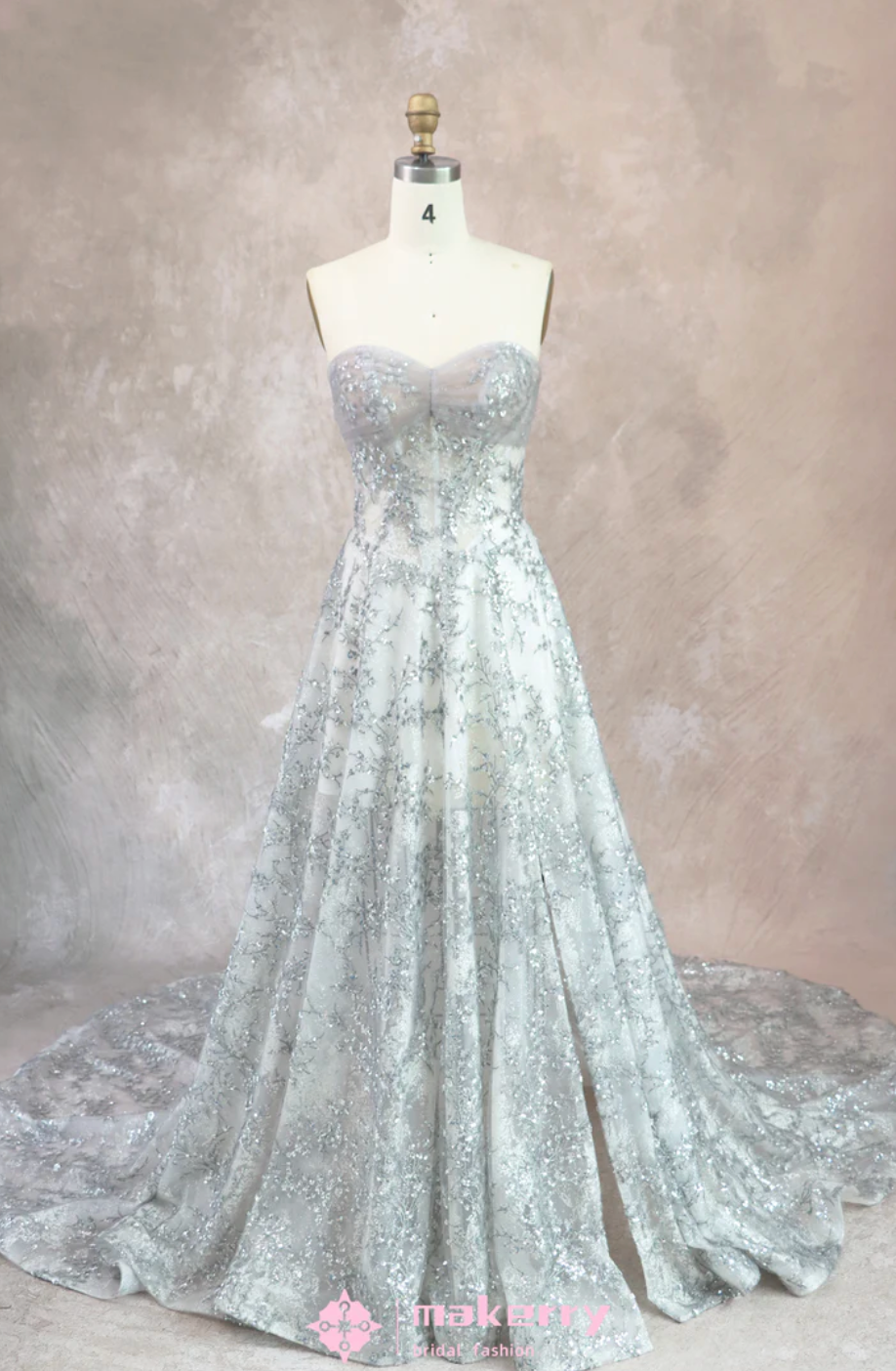 Wedding Gown Glittering Silver With Split A Line Gown