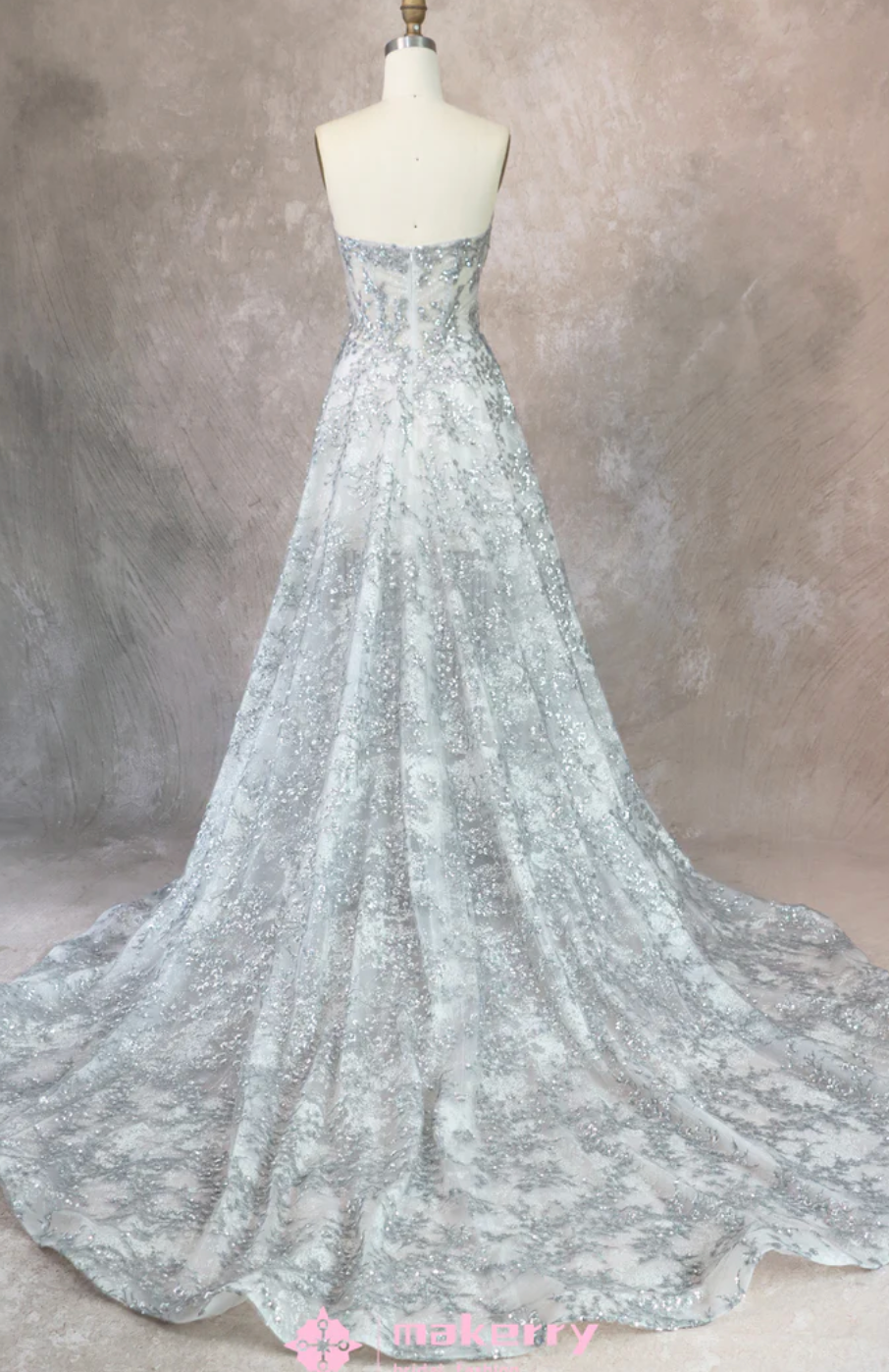 Wedding Gown Glittering Silver With Split A Line Gown