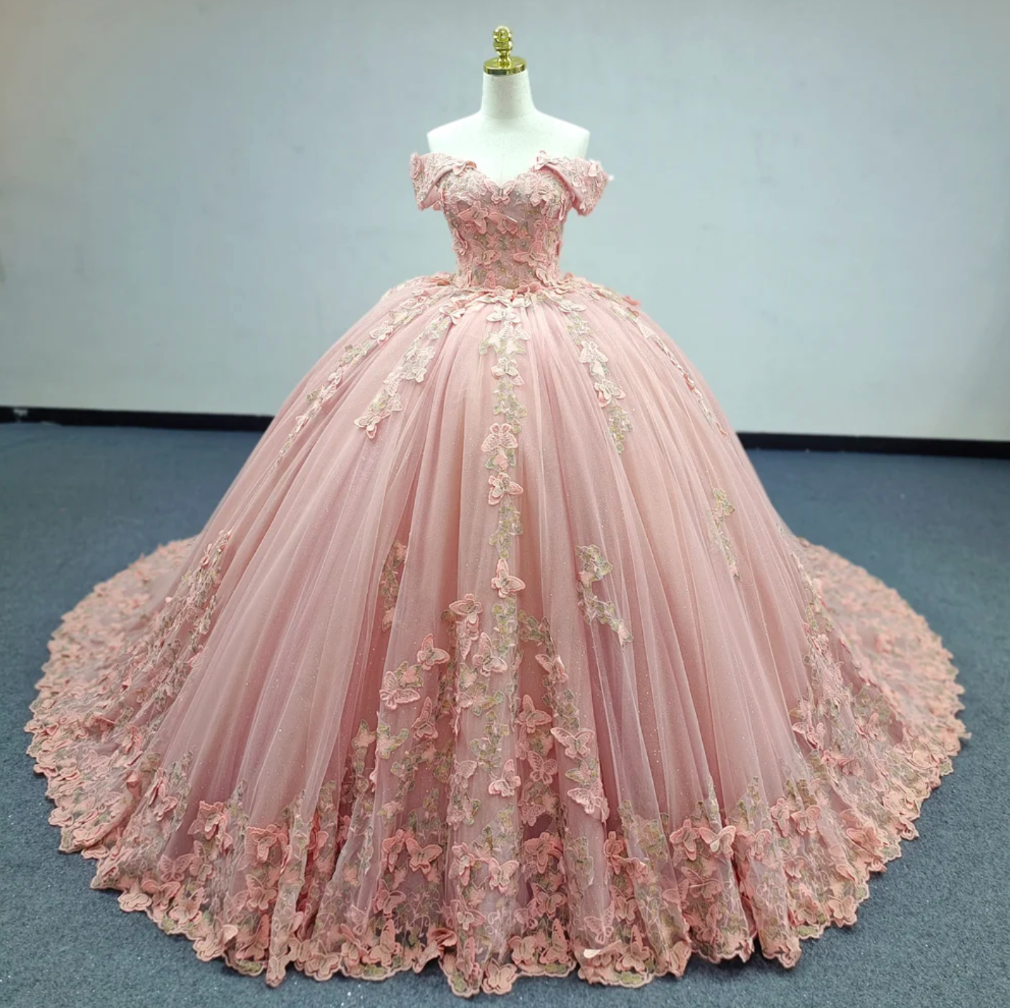 Quinceanera Dress Pink Butterfly Floral Ball Gown, Be the belle of the ball in this Pink Quinceanera Dress! Featuring a hand-sewn butterfly motif w