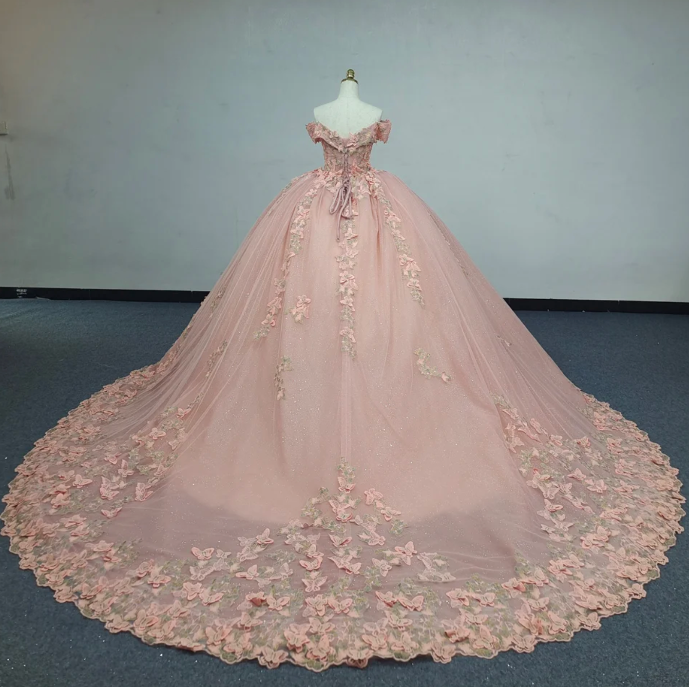 Quinceanera Dress Pink Butterfly Floral Ball Gown, Be the belle of the ball in this Pink Quinceanera Dress! Featuring a hand-sewn butterfly motif w