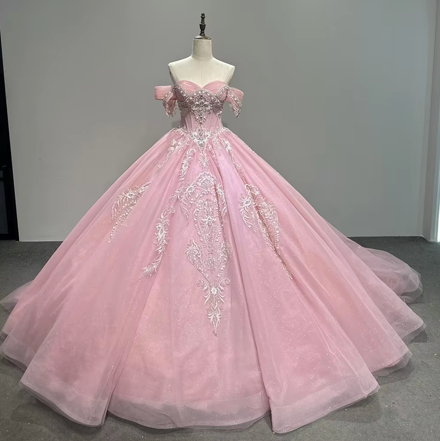 Quinceanera Dress Pink Chiffon Tulle Beaded Ball Gown, Make a statement at your Quinceanera in this beautiful pink A line dress! Stand out in the hand-sewn bead work