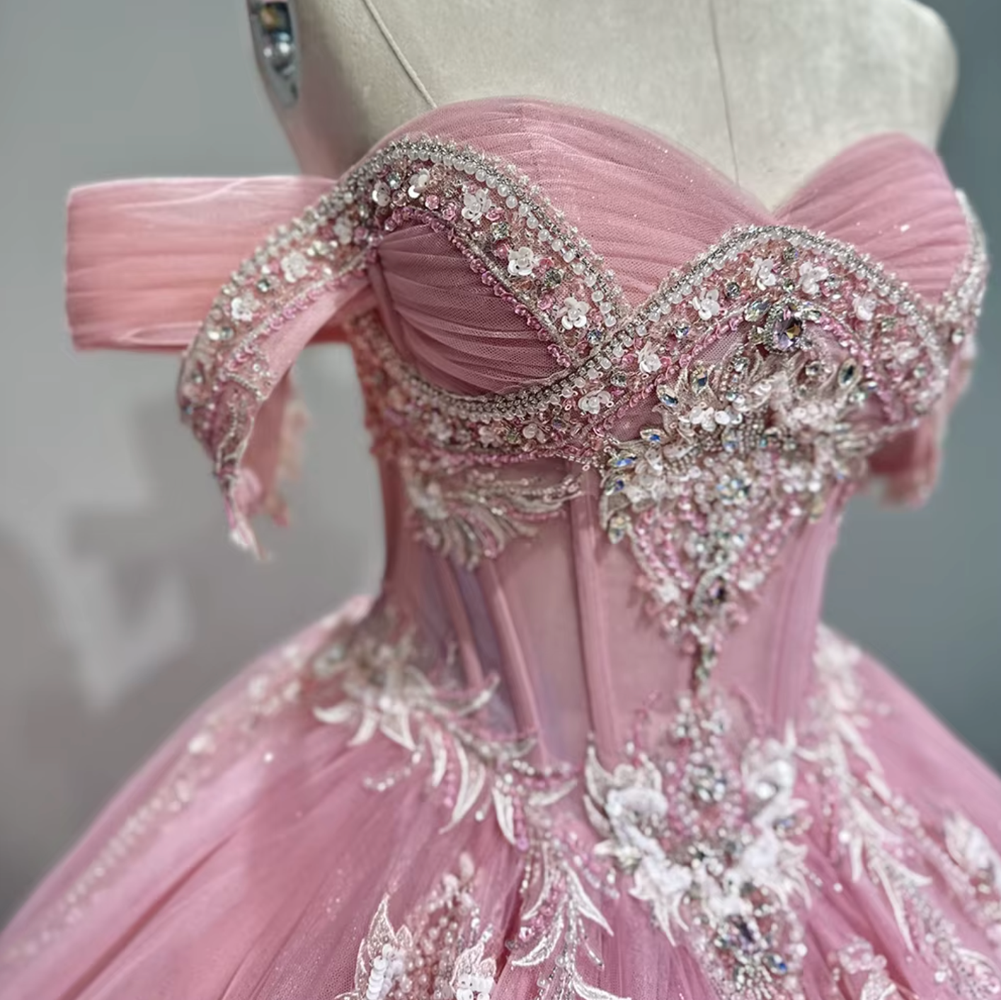 Quinceanera Dress Pink Chiffon Tulle Beaded Ball Gown, Make a statement at your Quinceanera in this beautiful pink A line dress! Stand out in the hand-sewn bead work