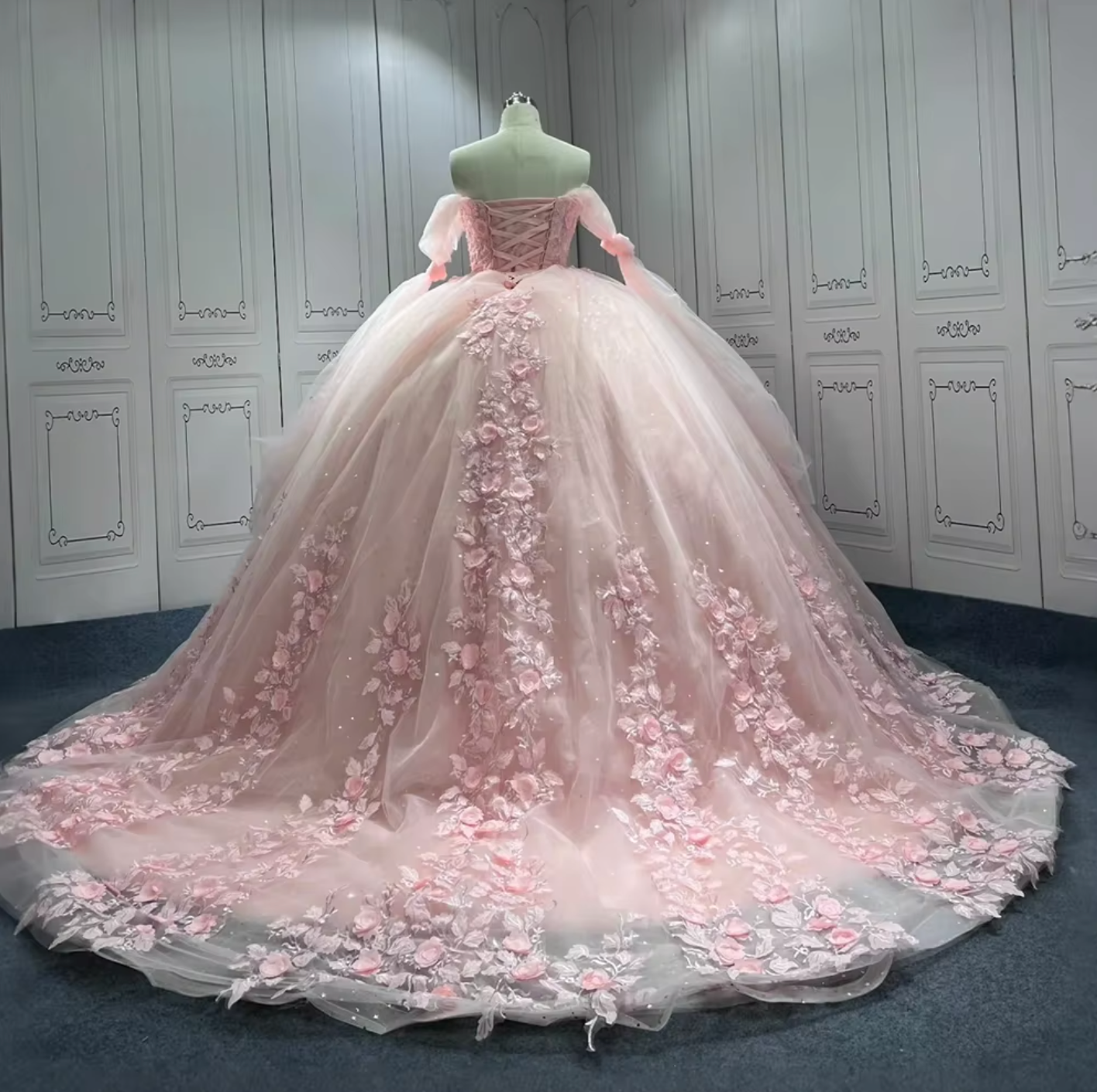Quinceanera Dress Pink Lace Tulle Sweetheart Ball Gown, Shine at your event in our Pink Lace Off The Shoulder Quinceanera Dress! This princess ball gown features stunning hand sewn lace f