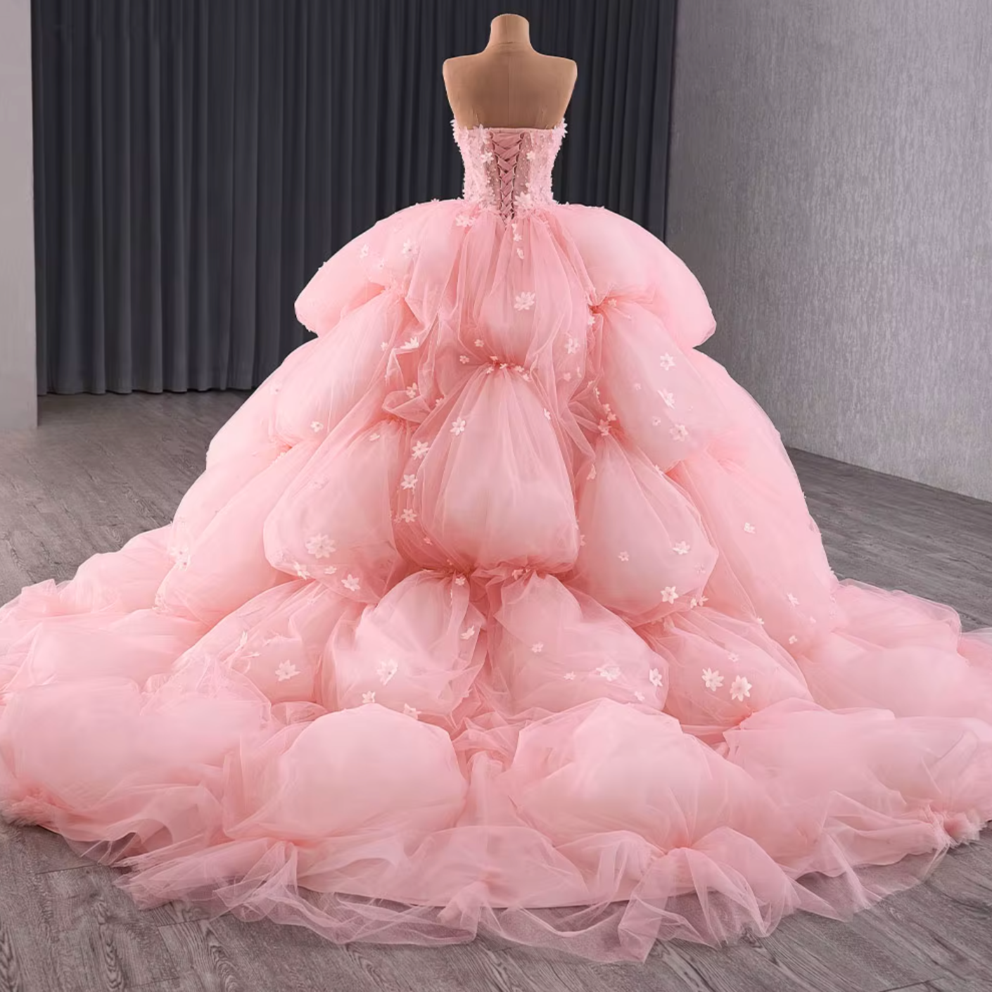 Quinceanera Dress Pink Ruffled Beaded Ball Gown, Elevate your Quinceanera style with our Spring Corset Pink Dress. The sleek fitted netting bodice 