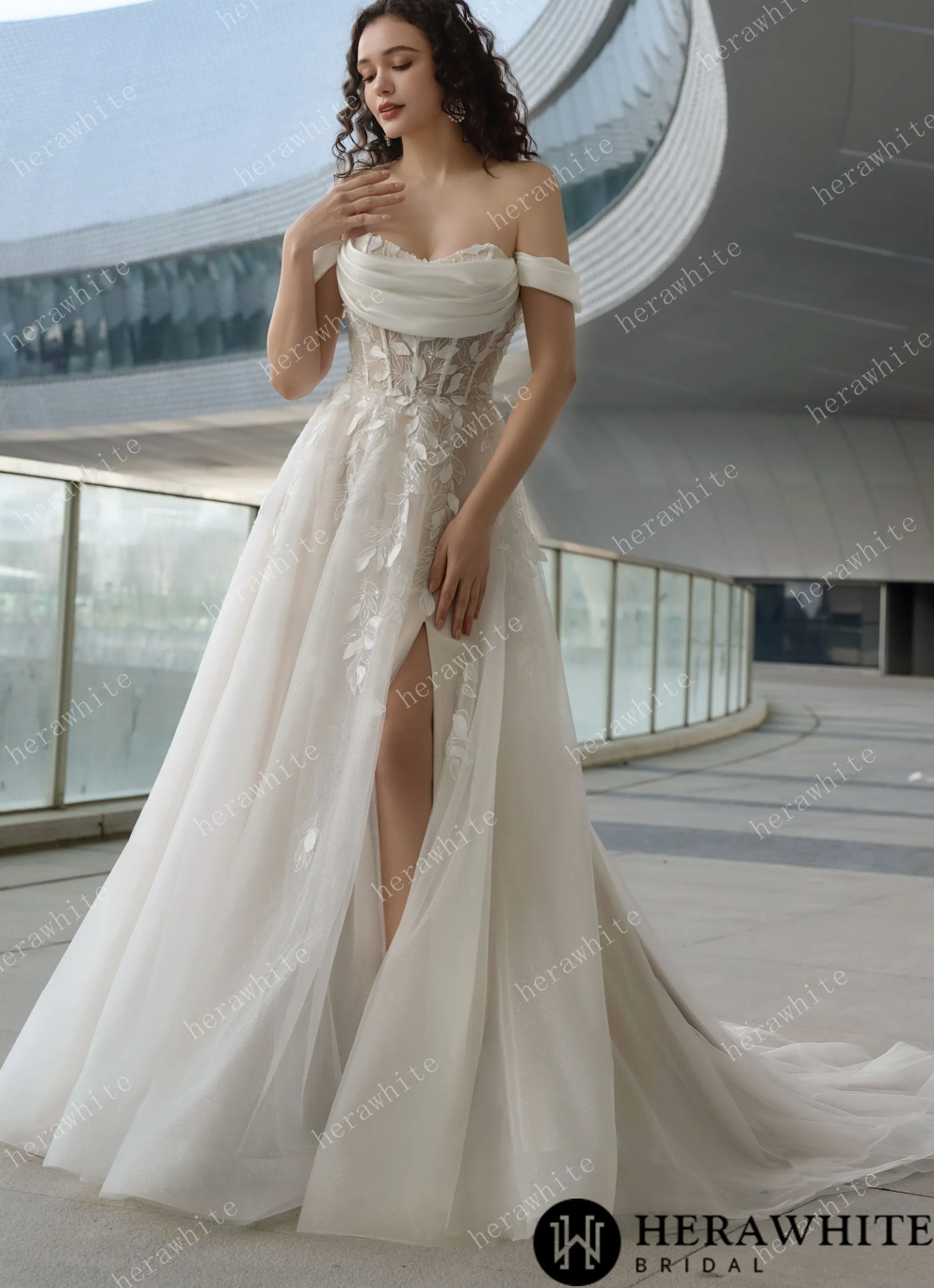 Elegant sweetheart lace wedding dress with high slit, showcasing beauty and sophistication in a flowing A-line silhouette.