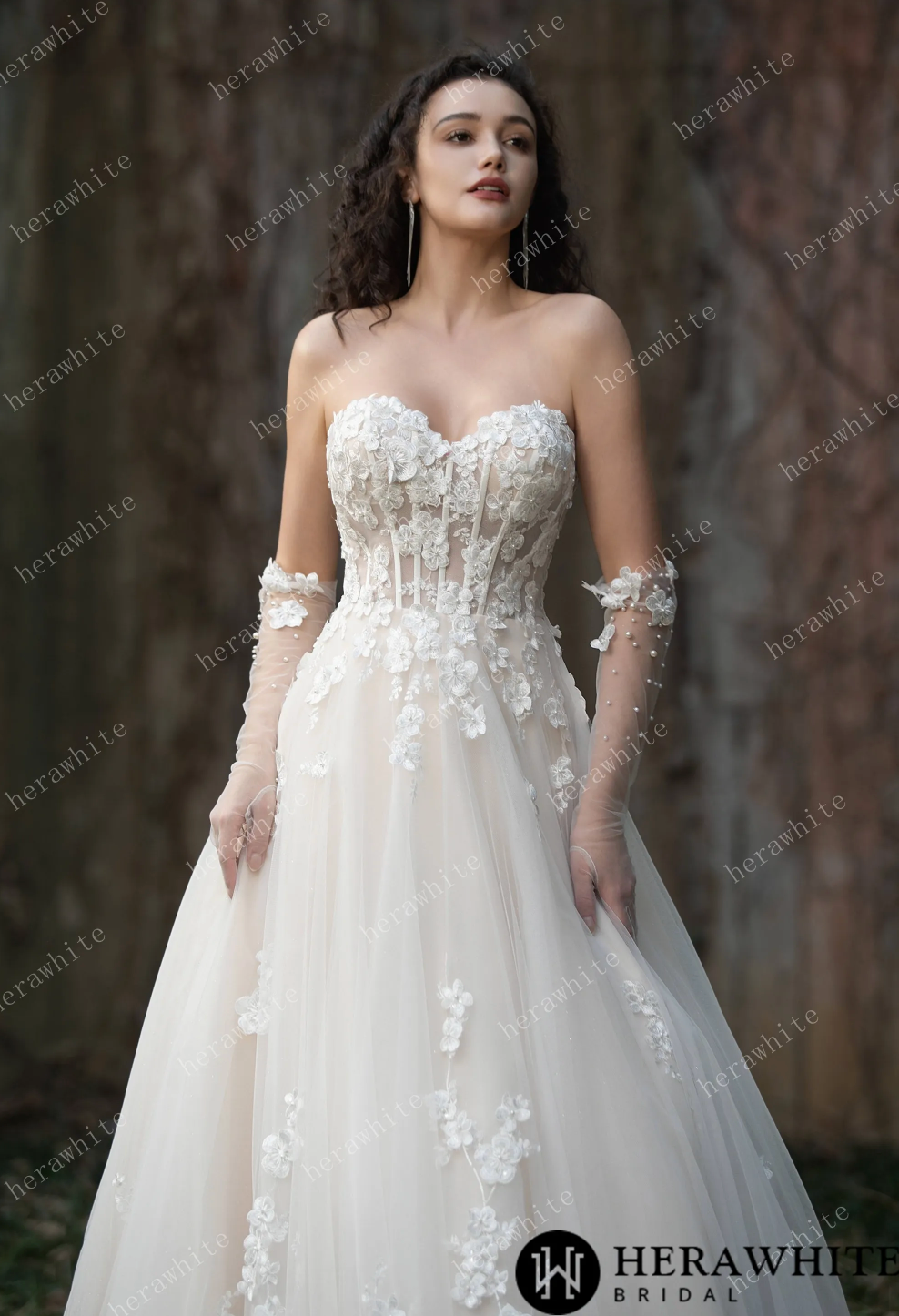 Strapless wedding ball dress with 3D embroidery flowers and soft tulle skirt for a romantic bridal look.