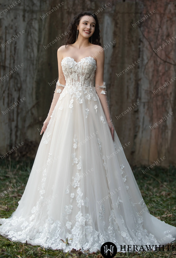 Wedding Dress Strapless Gown with 3D Embroidery Flowers 2 / Same As Photo