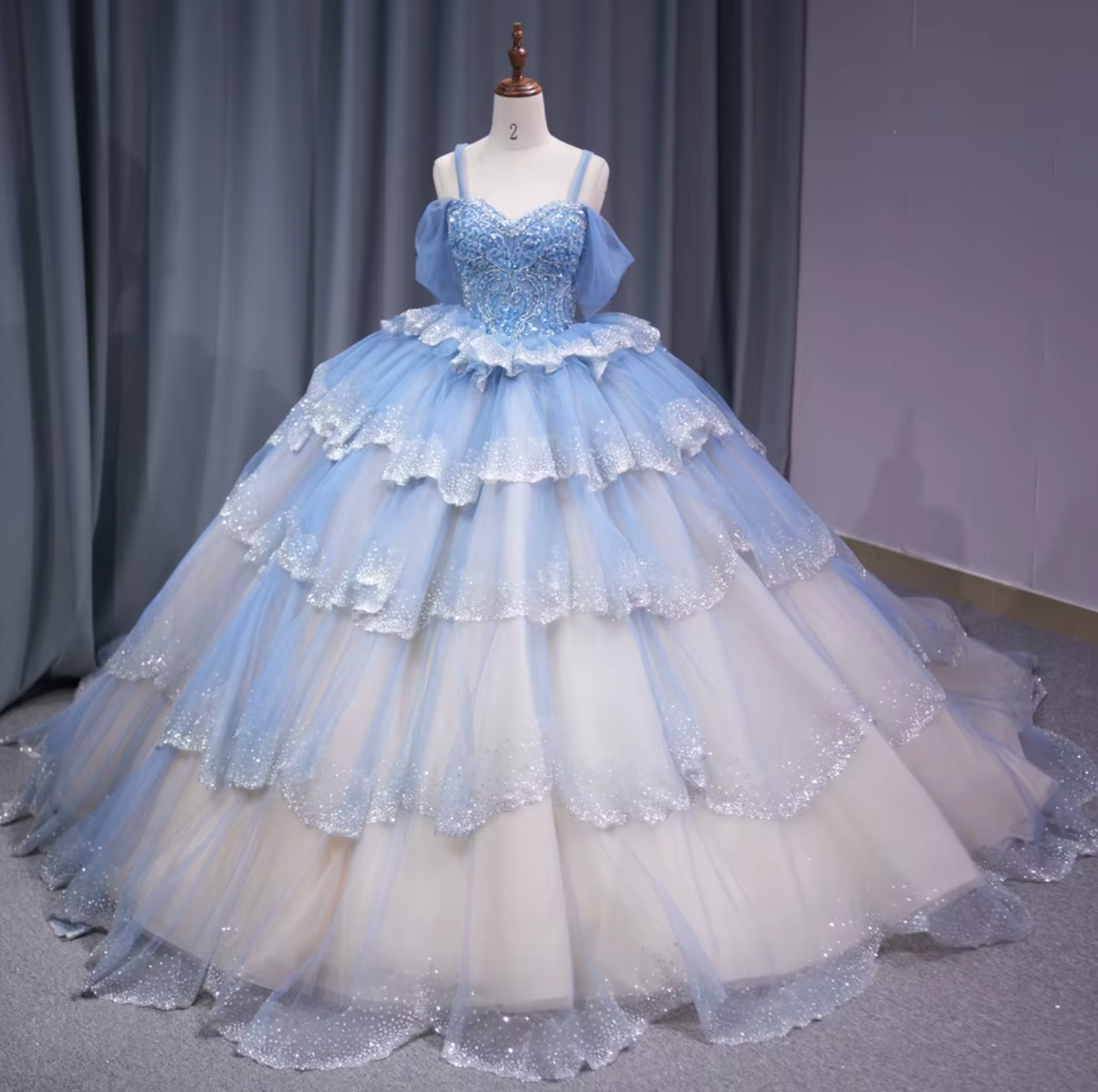 Quinceanera Dress Blue Tulle Lace Up Back Ball Gown With Train