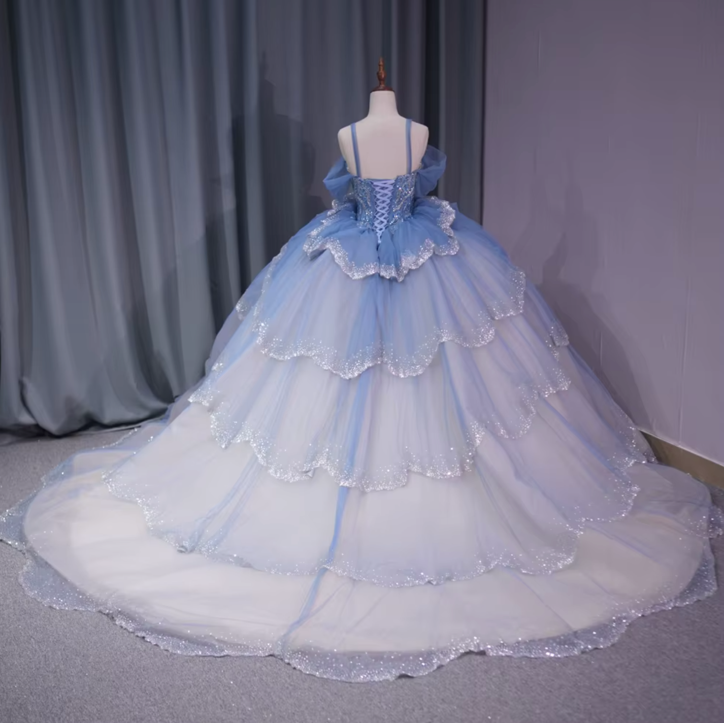 Quinceanera Dress Blue Tulle Lace Up Back Ball Gown With Train