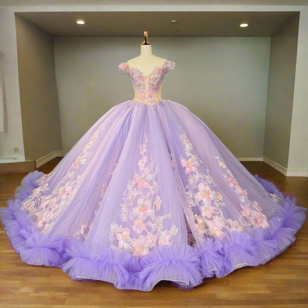 Stunning off-the-shoulder purple quinceanera dress with floral embellishments and tulle skirt, perfect for any special occasion.
