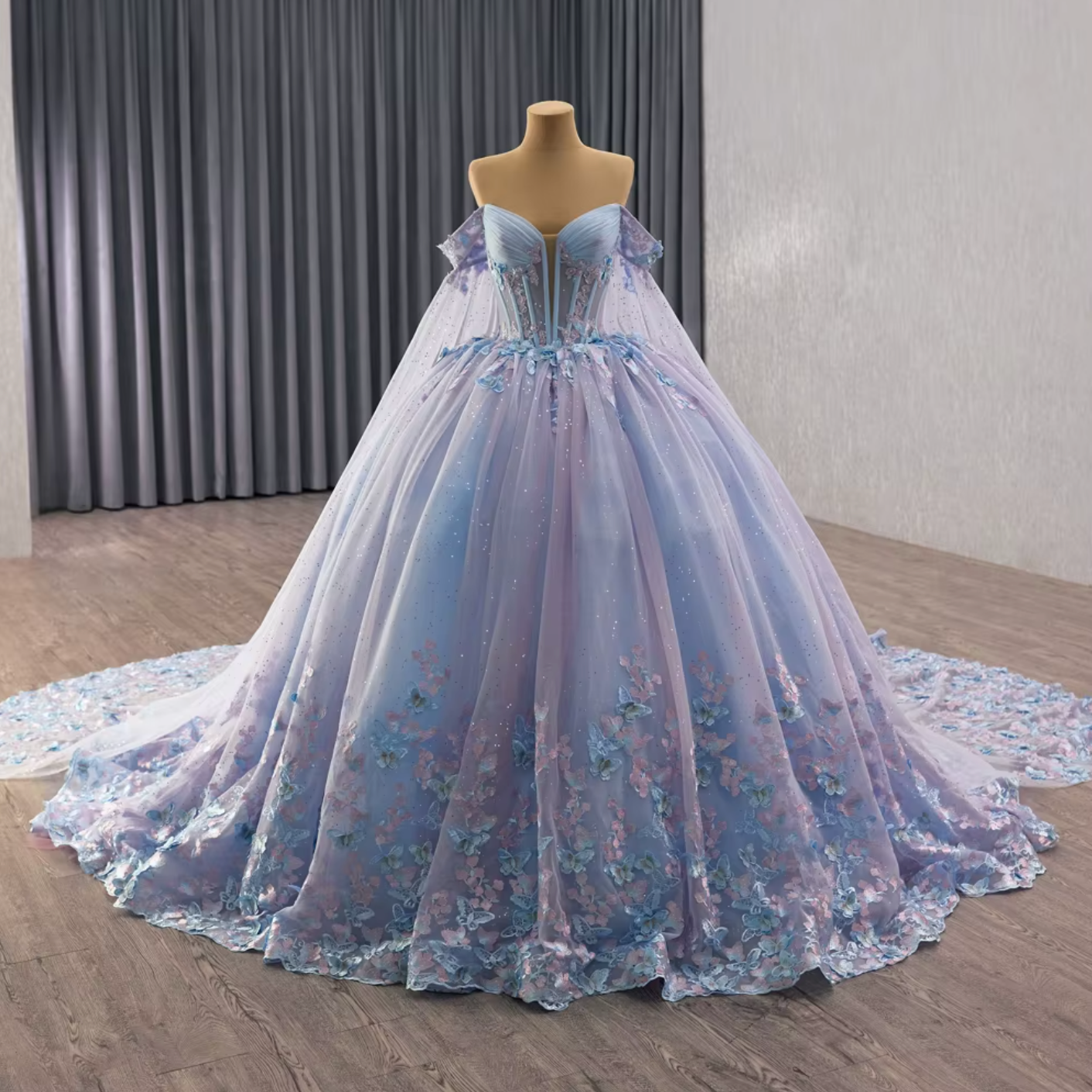 Quinceanera Dress Organza Sequined Lace Up Back With Train Ball Gown, Indulge in an elegant ballroom dress adorned with delicate floral accents,