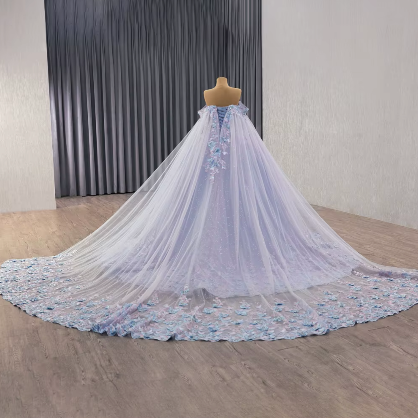 Quinceanera Dress Organza Sequined Lace Up Back With Train Ball Gown, Indulge in an elegant ballroom dress adorned with delicate floral accents,