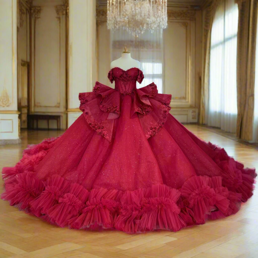 red xv dresses Quinceanera Dress Off Shoulder Ball Gown – Tulle Lux Bridal Company Cathedral Train Neckline GENDER-WOMEN Sky Blue Greek Goddess Color:COUNTRY TABLE WINTER WHITE Burgundy