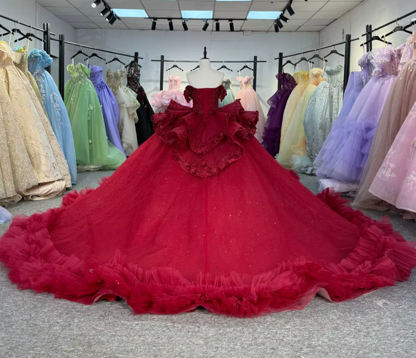 red off the shoulder quince dress Elegant Red Quinceanera Dresses Off Shoulder Lace Up Satin Ball Gown