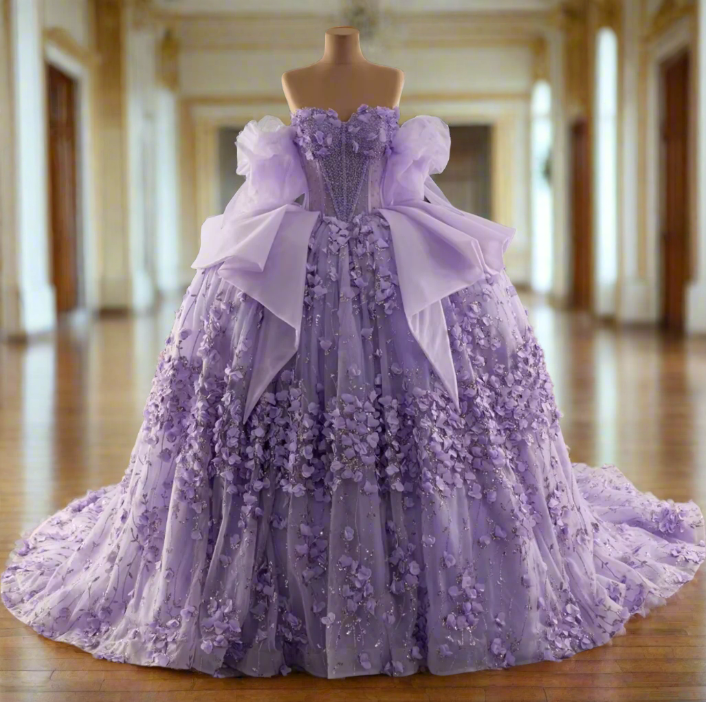 Lilac purple off shoulder quinceanera dress with sequins, ruffles, and intricate beading, perfect for special occasions.