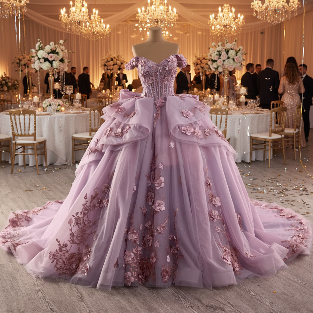 Lilac purple off shoulder quinceanera dress with ruffles and floral embellishments, perfect for special occasions.