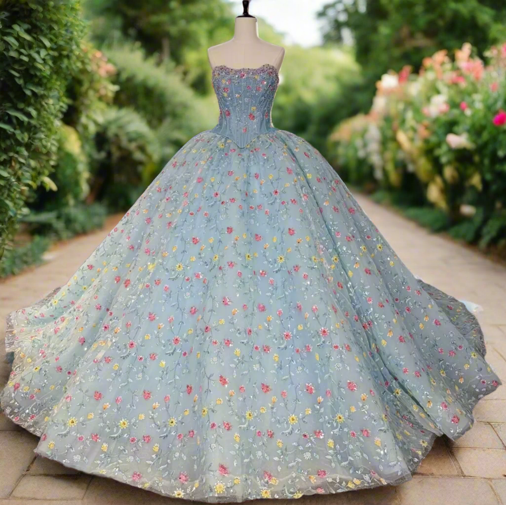 Quinceanera Dress Blue Organza Ball Gown With Train, This exquisite azure celebration gown presents a refined straight neckline 