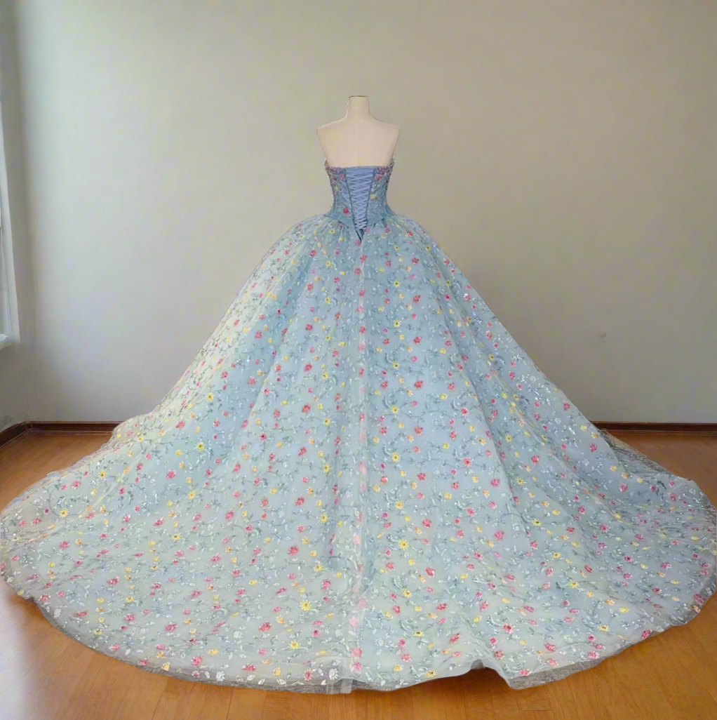 Quinceanera Dress Blue Organza Ball Gown With Train, This exquisite azure celebration gown presents a refined straight neckline 