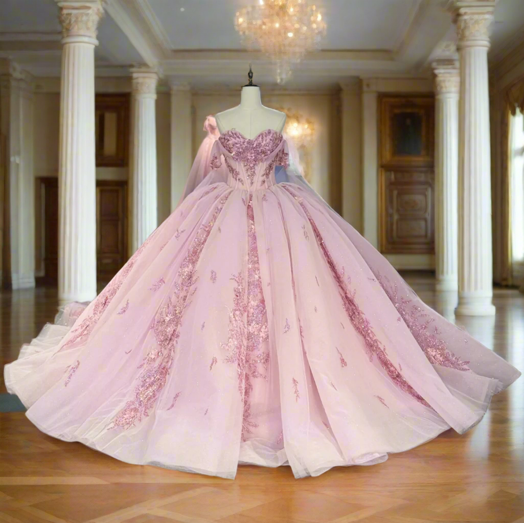 pink beaded and sequined quinceanera ball gown dresss