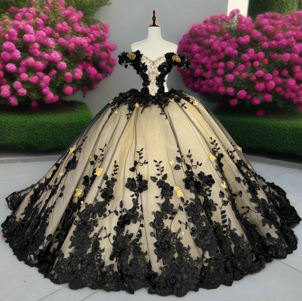 Quinceanera Dress Black Champagne Ball Gown