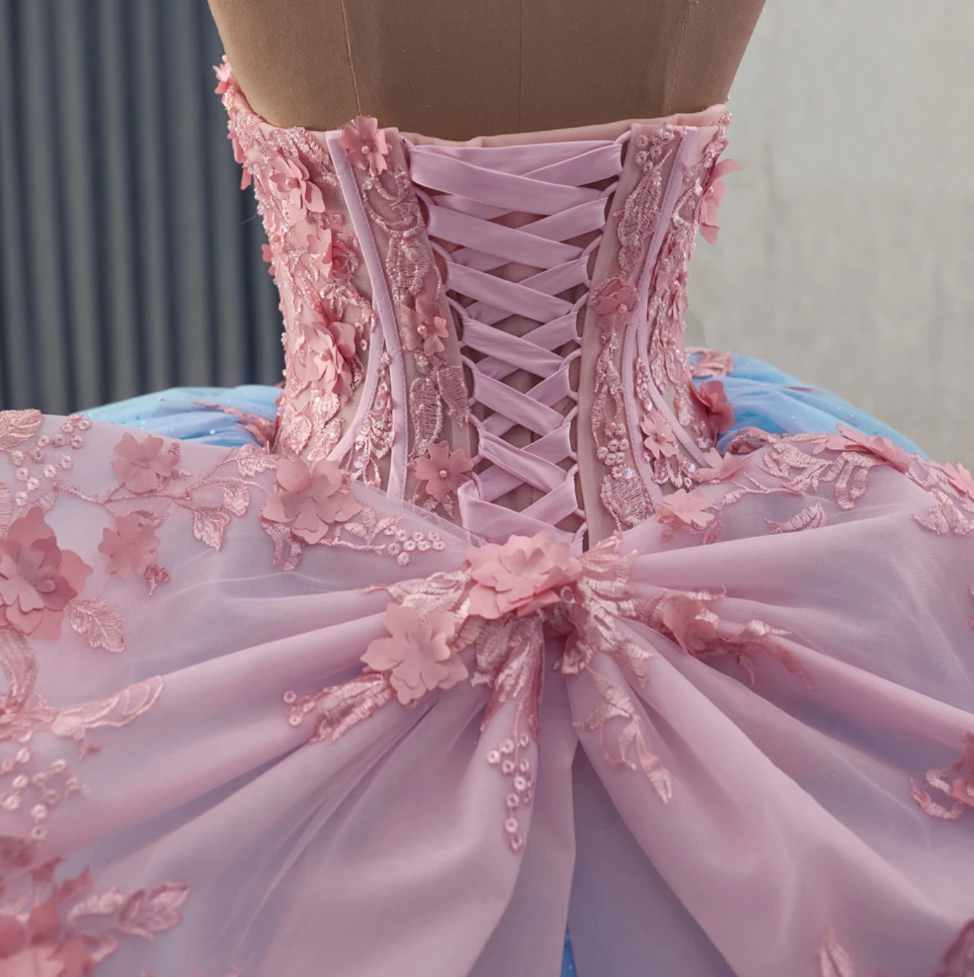 pink quince dress with bow in the back Quinceanera Dress Blue Pink Organza Lace Up Back Ball Gown Same As Photo / 18W