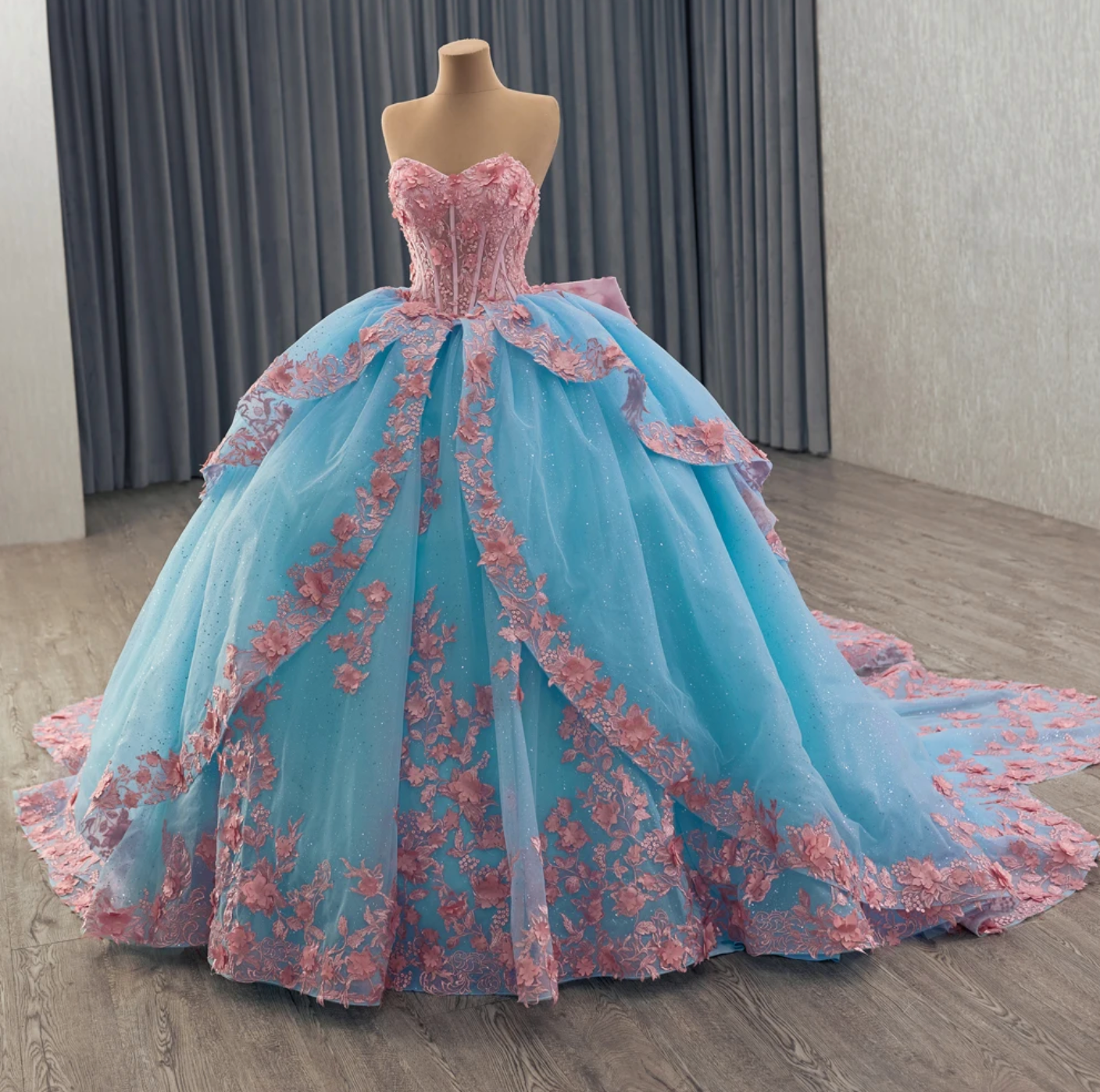 quince dress light blue Quinceanera Dress Blue Pink Organza Lace Up Back Ball Gown Same As Photo / 18W