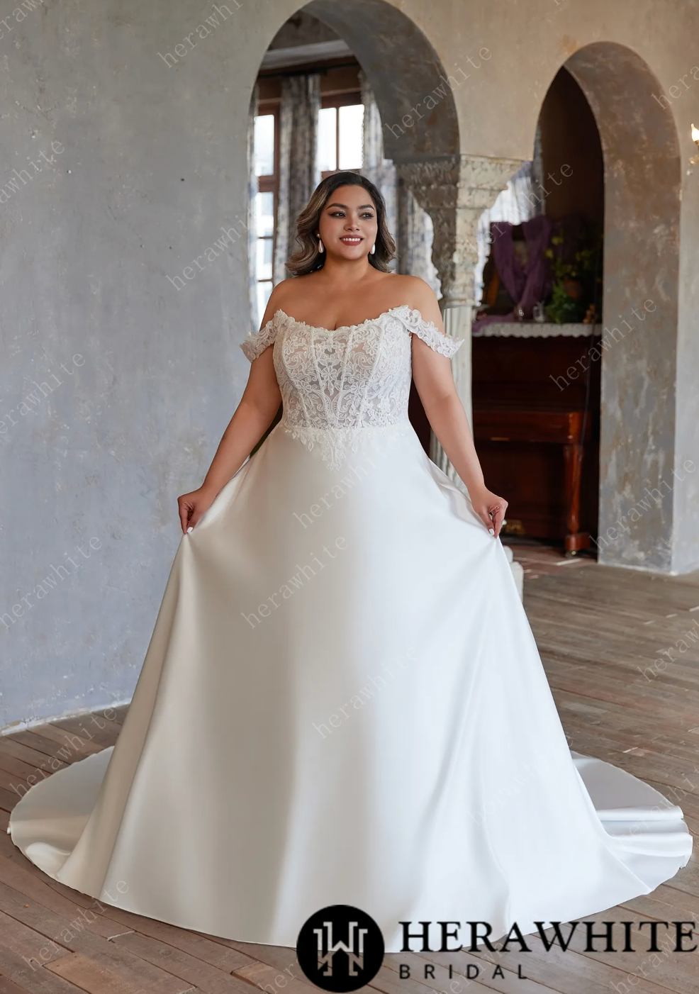 Plus Size Wedding Dress Satin A Line with Lace