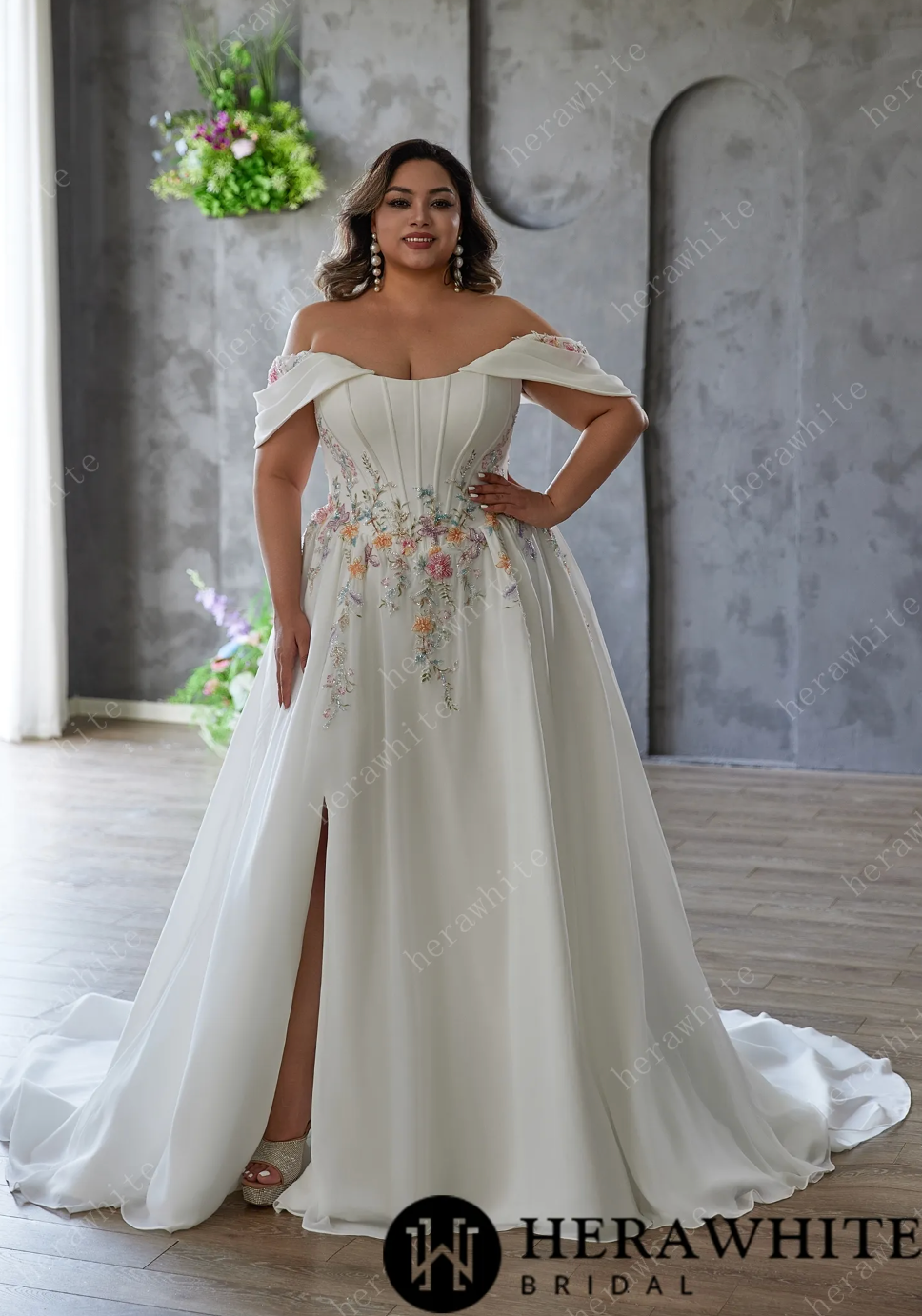 Plus Size Wedding Dress With Satin Detachable Draped Sleeves