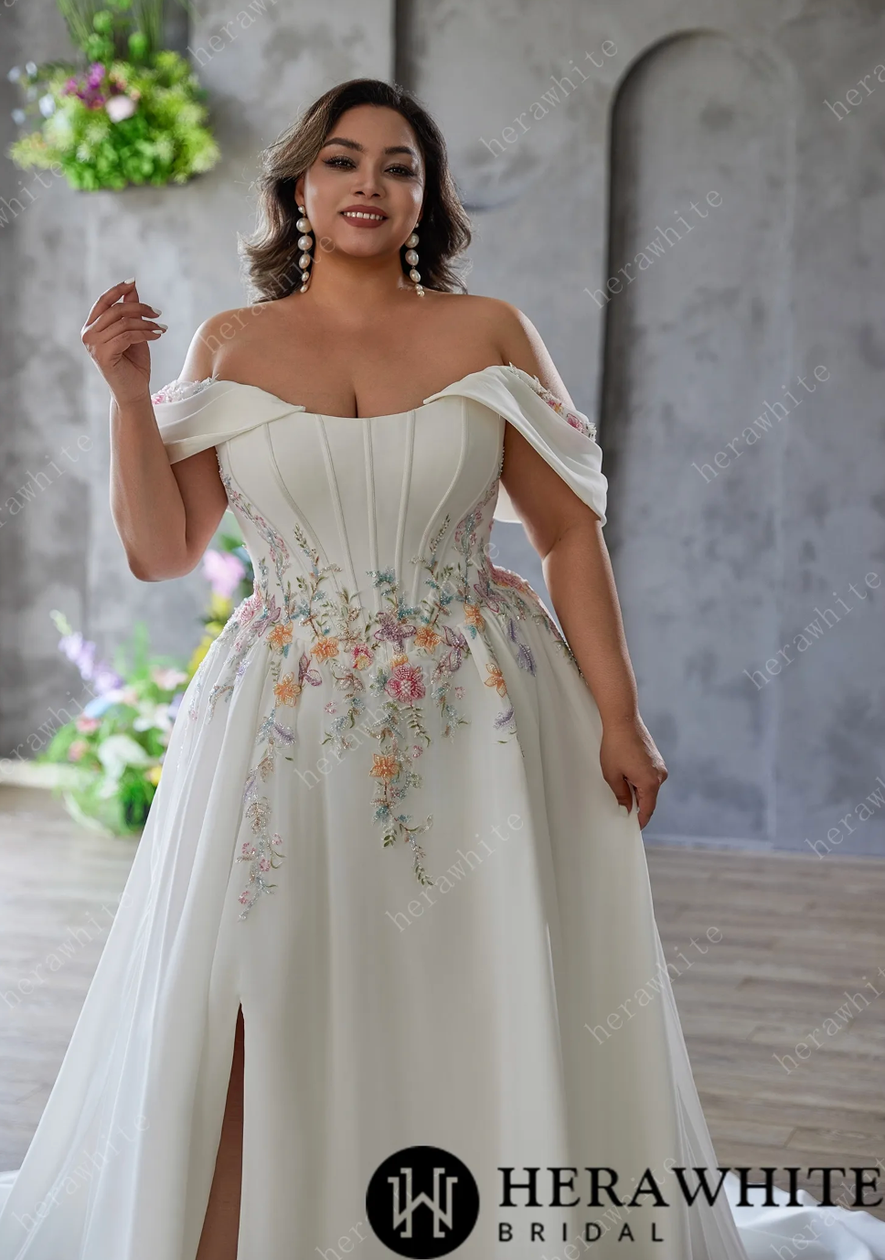 Plus Size Wedding Dress With Satin Detachable Draped Sleeves