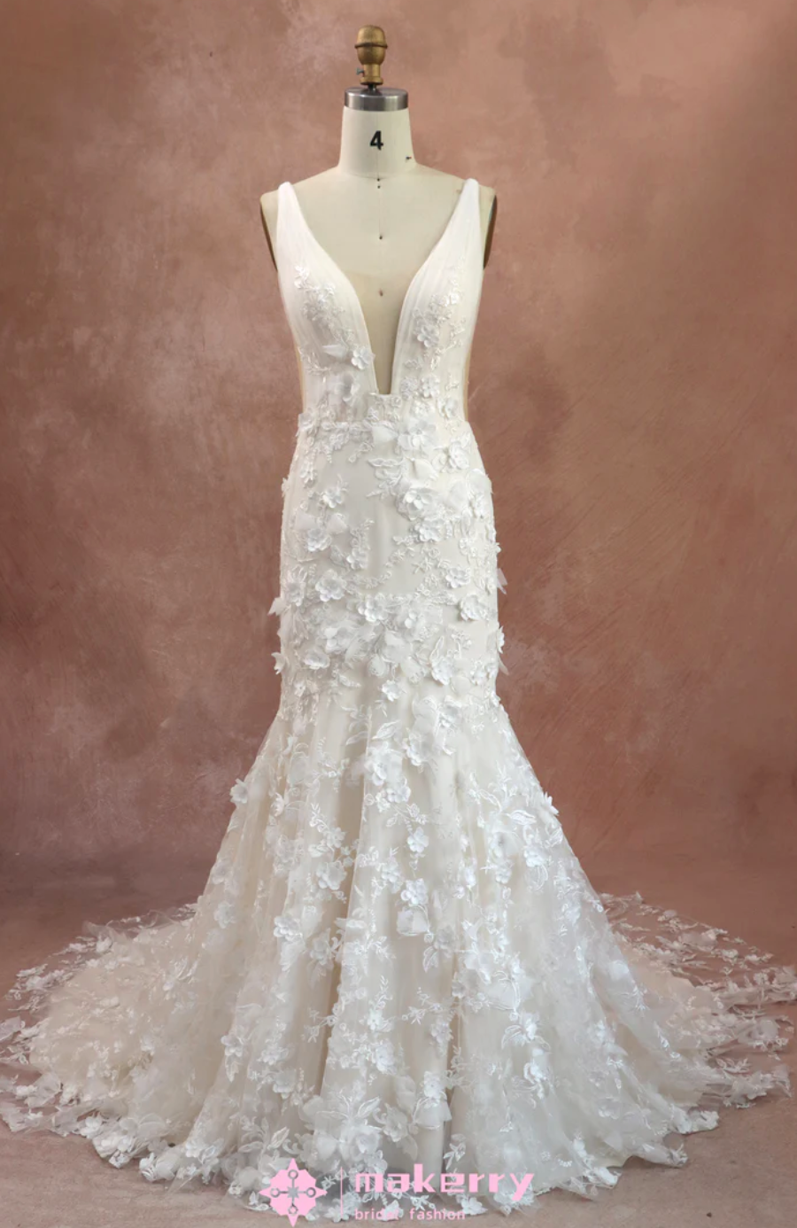 Wedding Dress 3D Flowers Lace With Deep V-neckline