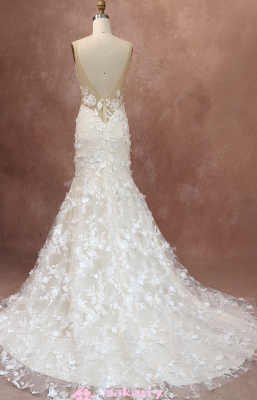 Wedding Dress 3D Flowers Lace With Deep V-neckline