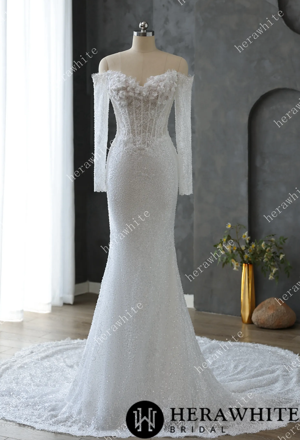 Wedding Dress Pearl Sequin Bridal Gown with 3D Floral Lace, this sophisticated tulle fit-and-flare gown is adorned with delicate pearls and sparkling sequins