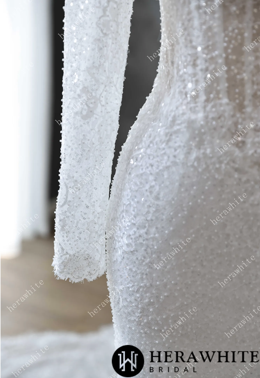 Wedding Dress Pearl Sequin Bridal Gown with 3D Floral Lace, this sophisticated tulle fit-and-flare gown is adorned with delicate pearls and sparkling sequins