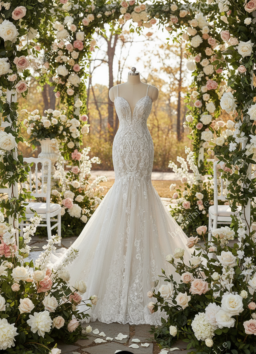 Elegant lace wedding dress on a mannequin against a white background with 'Herawhite Bridal' branding.