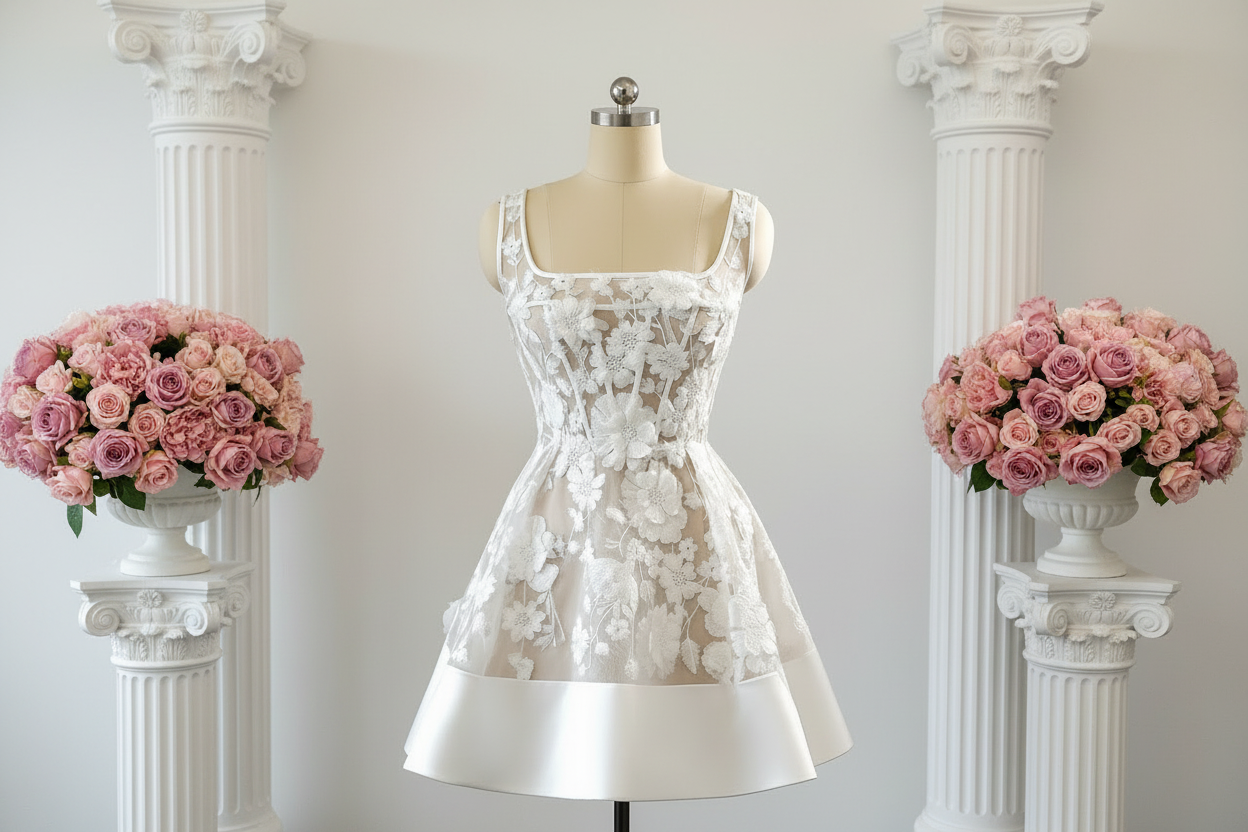 Mini Short Wedding Dress A Line Lace Bridal Attire, this sophisticated A-line short wedding dress features delicate ivory 3D floral lace 