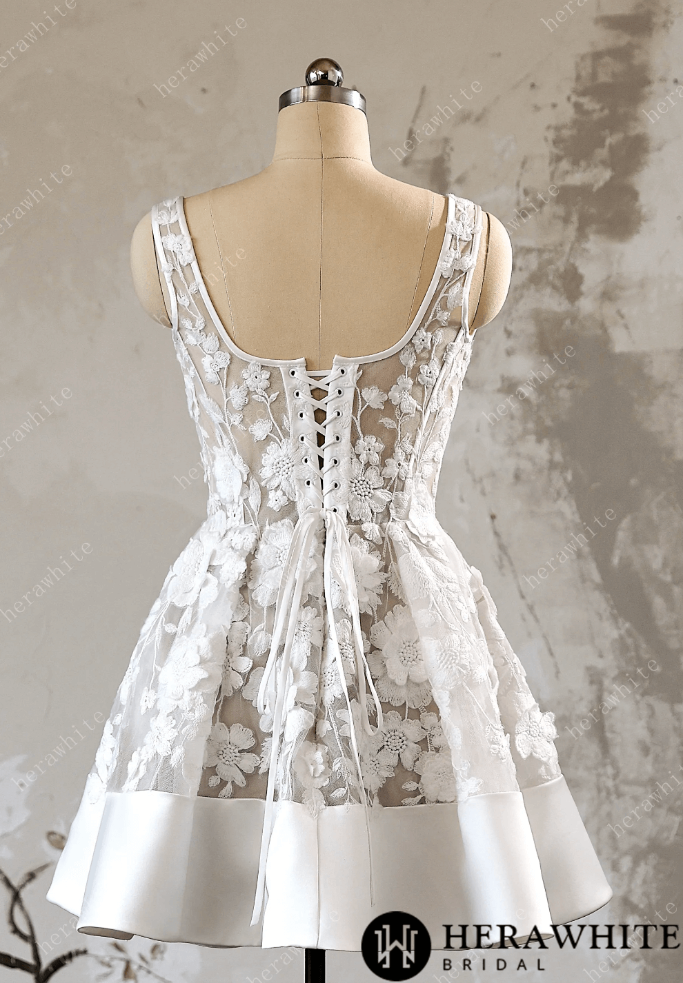 Mini Short Wedding Dress A Line Lace Bridal Attire, this sophisticated A-line short wedding dress features delicate ivory 3D floral lace 