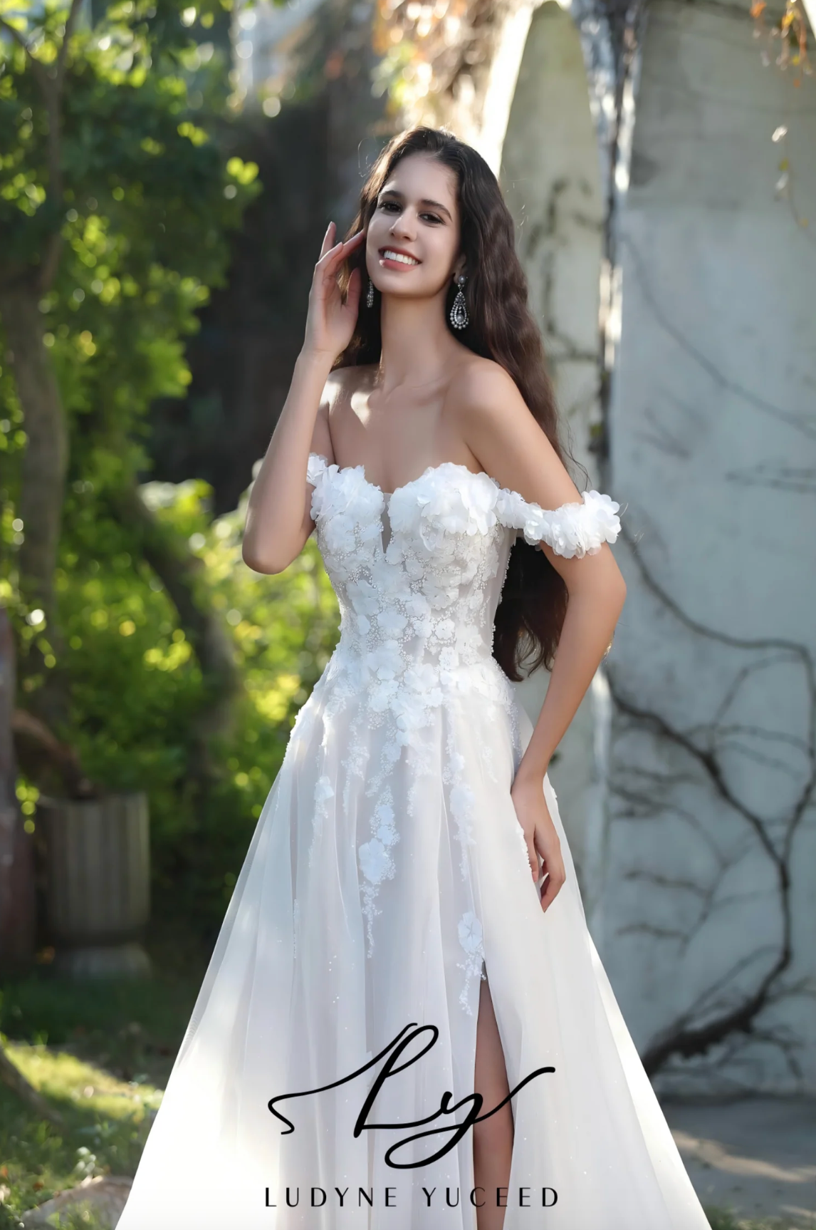 Wedding Dress Floral Off The Shoulder A-Line Bridal Gown, No bride can resist the allure of floral accents. This exquisite wedding gown highlights romantic charm