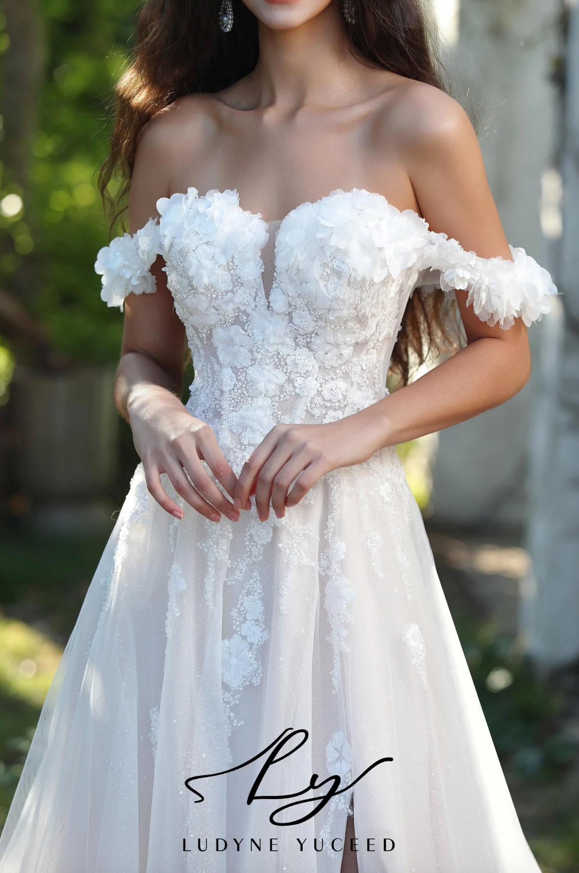 Wedding Dress Floral Off The Shoulder A-Line Bridal Gown, No bride can resist the allure of floral accents. This exquisite wedding gown highlights romantic charm