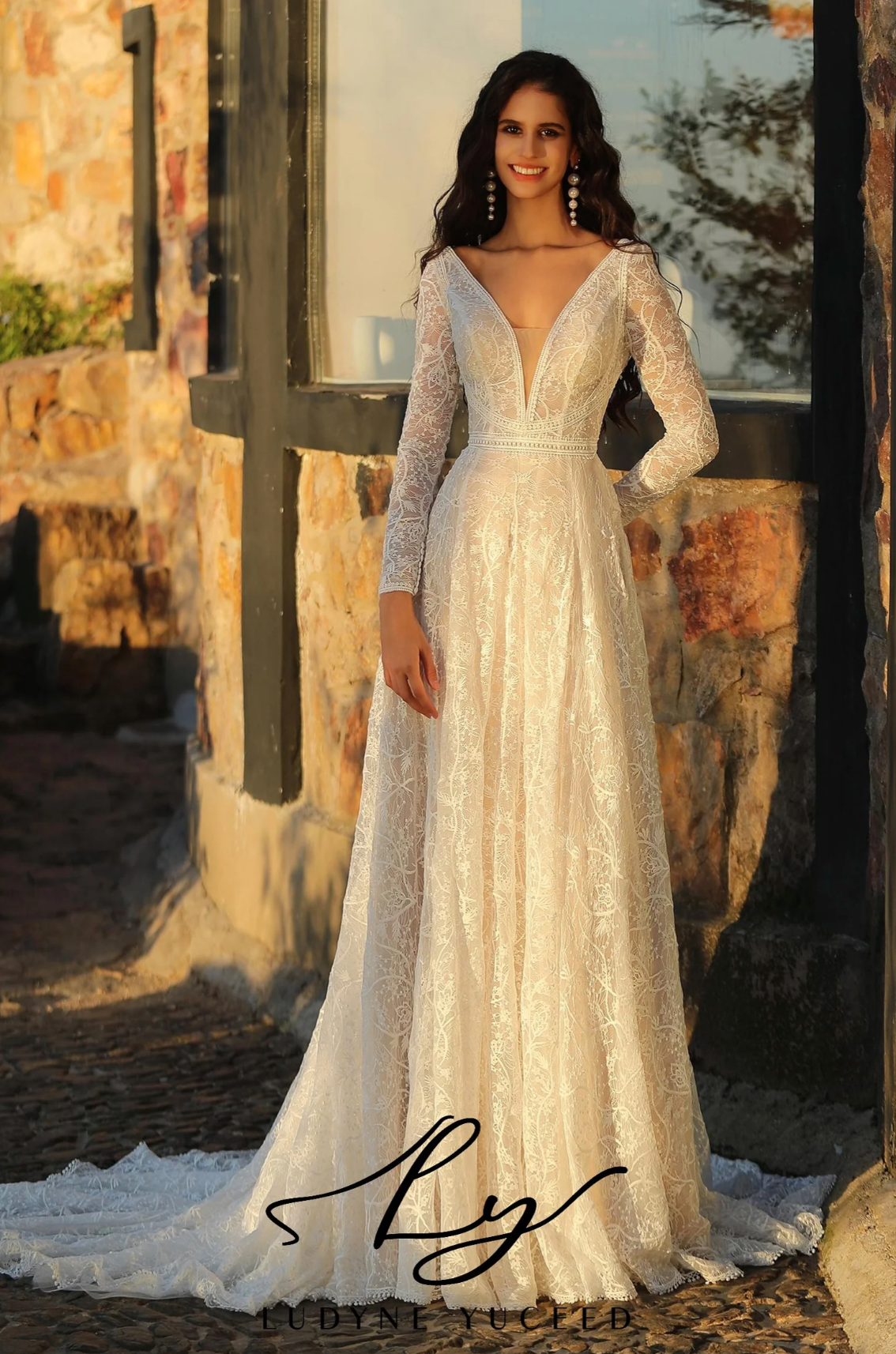 Wedding Dress Boho A-Line V Neck Lace Long Sleeve Bridal Gown, This long-sleeved wedding dress captures boho elegance with its refined design. I