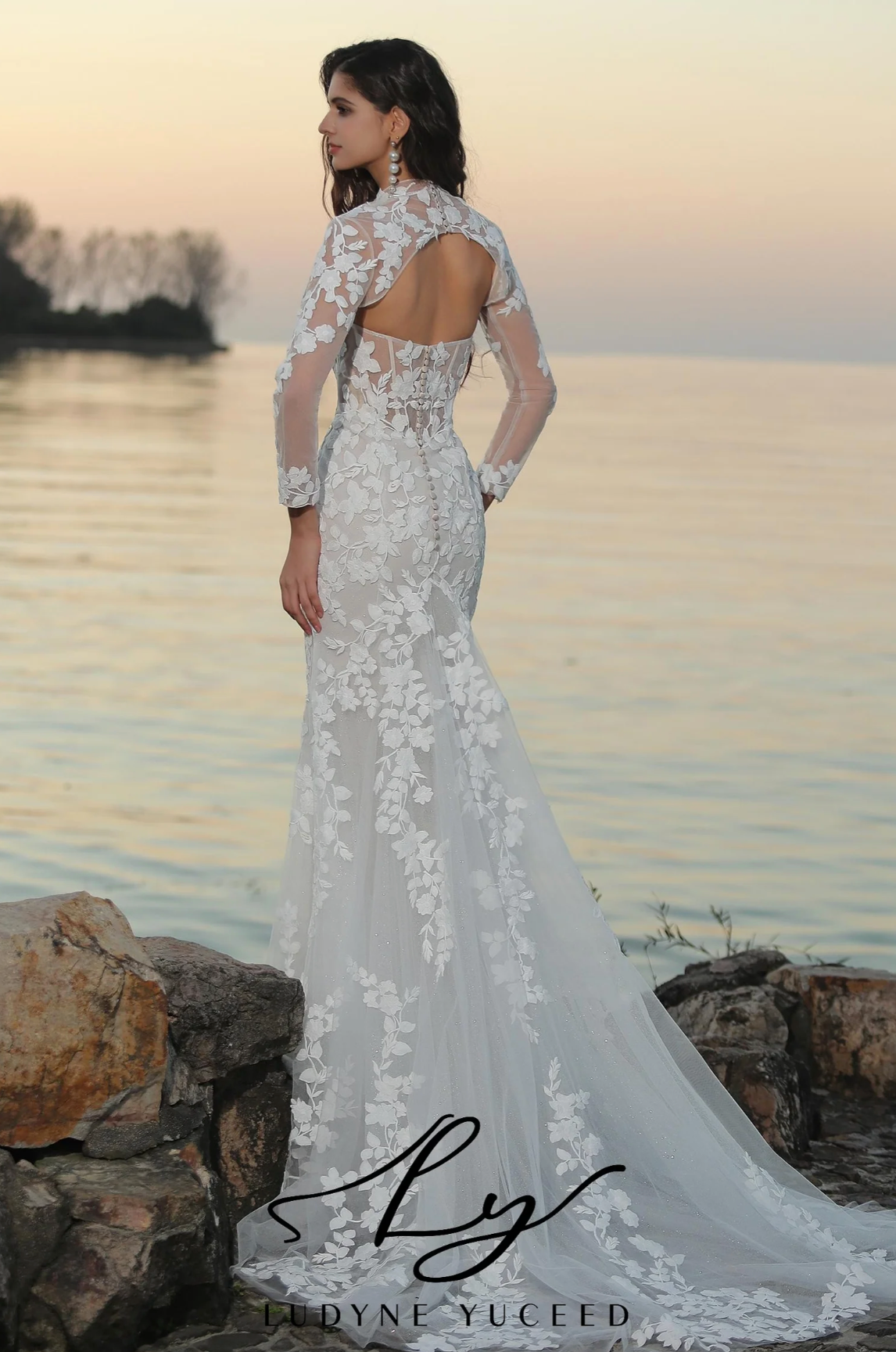 Wedding Dress Mermaid Lace Tulle Bridal Gown and Waistcoat, This mermaid gown is a tribute to romantic elegance, featuring sheer overlays and delicate floral lace